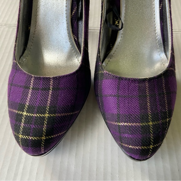 Wet Seal lively tartan purple plaid retro platform heels SZ 7 - Picture 2 of 10